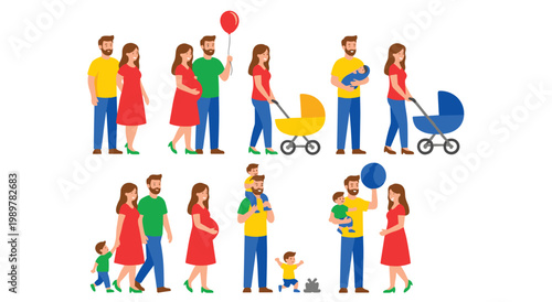 Comprehensive collection illustrates various stages of family life, from pregnancy and infancy to parenthood with young children.