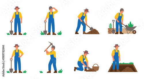 Collection depicts farmer engaged in various agricultural activities, including digging, planting, and cultivating land. Shows person in different poses, using tools for gardening and farm work.