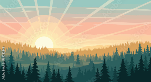 Sunrise Over Pine Forest Landscape, Nature Scenery, Warm Colors, Peaceful Morning