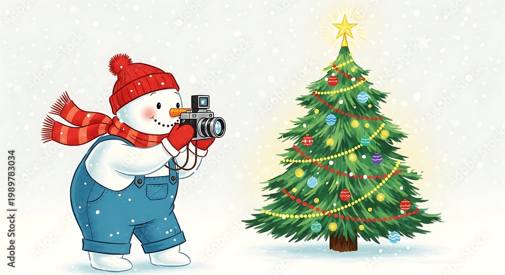 Naklejka premium Festive snowman photographer captures a sparkling christmas tree scene