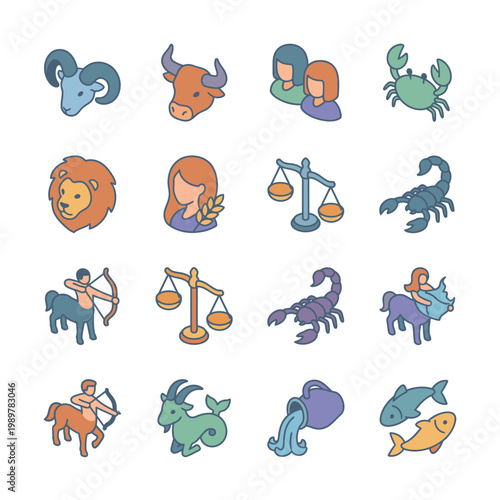 Zodiac signs icons in colorful cartoon style.