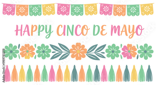 Happy cinco de mayo horizontal banner with colorful paper flags and floral patterns and hanging tassels for festive holiday decoration and seasonal events in authentic mexican folk art style.
