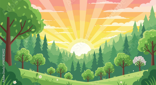 Vibrant Sunrise Over Lush Green Forest Landscape, Nature's Awakening