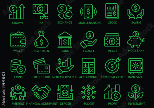 Finance thin line icon set. Saving, increasing and spending finances. Payments elements, budget, loan, bank, deposit, money, profit, piggy bank - stock vector.