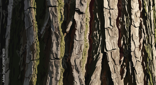 Detailed Close-up of Rough Tree Bark Texture with Sunlight and Shadows