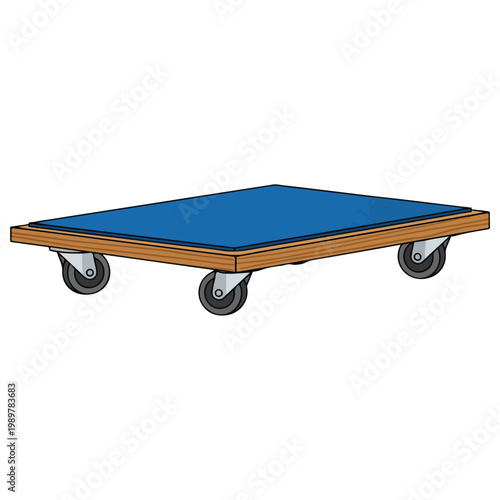 Blue Top Wooden Platform Dolly Cart Flat Vector Illustration