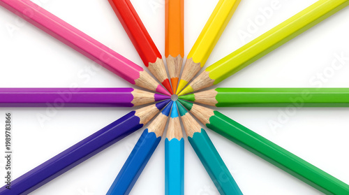 A collection of colorful pencils arranged in a circular pattern on a white background