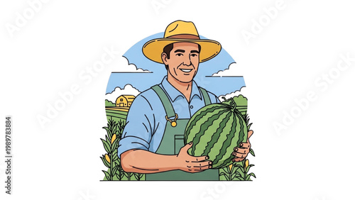 Farmer Holding Watermelon in Field Farm to Table Agriculture Fresh Harvest Concept Vector Illustration