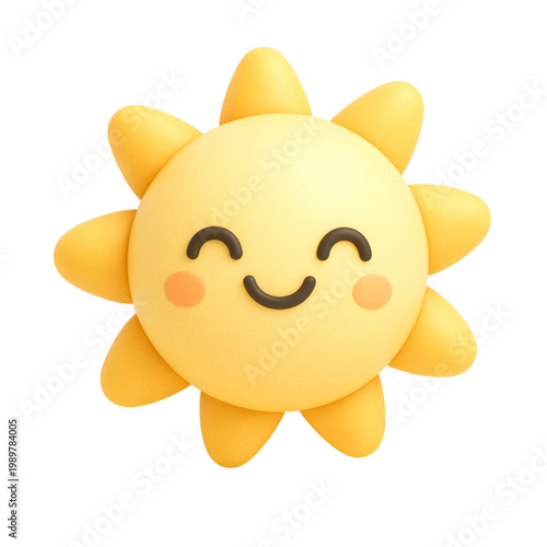 Cute smiling cartoon sun icon with bright yellow rays and cheeks  