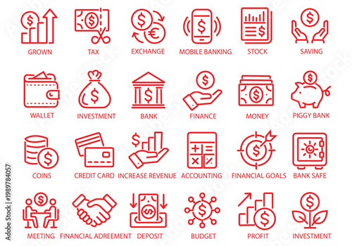 Finance thin line icon set. Saving, increasing and spending finances. Payments elements, budget, loan, bank, deposit, money, profit, piggy bank - stock vector.