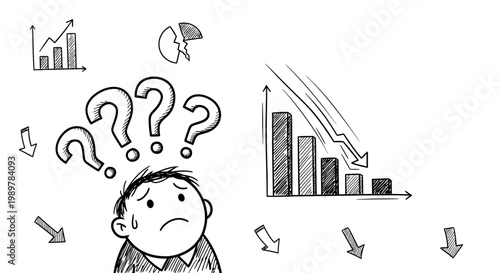 A stressed person contemplates difficult business challenges and financial uncertainty, surrounded by question marks and declining economic graphs.