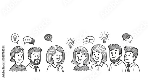 A diverse group of hand-drawn cartoon people actively engaging in lively discussions, exchanging innovative ideas, and fostering collaborative teamwork.