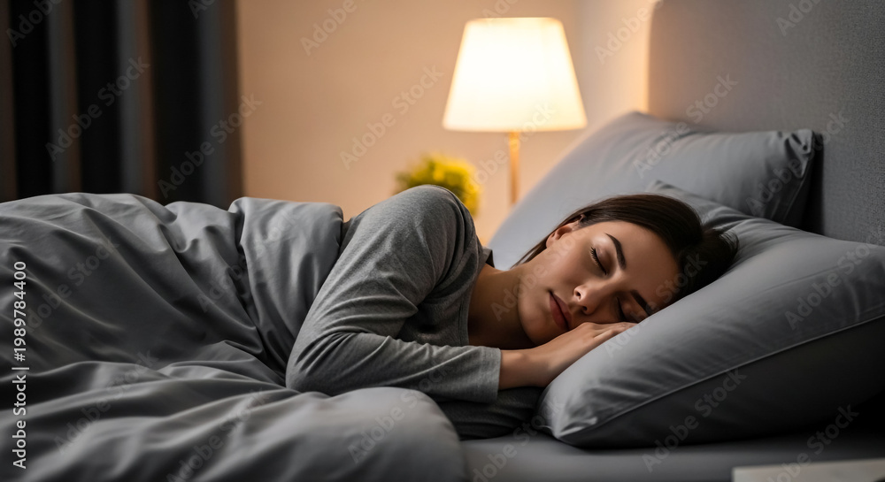 Obraz premium Peaceful young woman resting comfortably in bed while enjoying a deep and restful sleep during the quiet night hours in her cozy bedroom with soft warm lighting nearby tonight