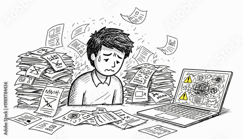 An exhausted individual is depicted struggling with immense office bureaucracy and technological frustrations, embodying the challenges of contemporary employment.