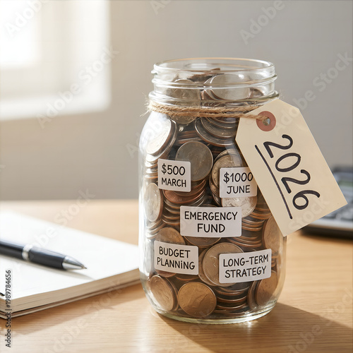 Glass jar filled with coins labeled 2026 showing savings goal milestones, financial progress, emergency fund reserve, budget planning, and long-term personal finance strategy concept.