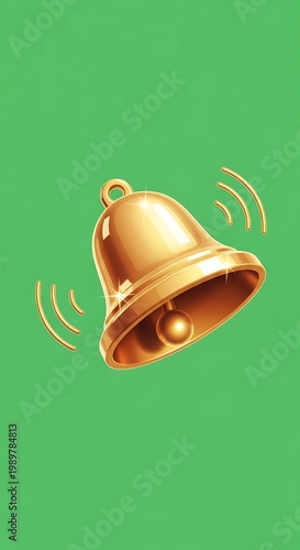 Shiny golden bell rings with radiating sound waves against a solid green background