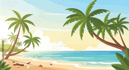 Tropical Beach Paradise: Palm Trees, Ocean, and Sandy Shoreline