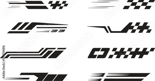 Racing car decal stripe set with checkered flag patterns and aerodynamic geometric side vinyl shapes