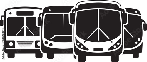 Public transport bus fleet illustration with multiple vehicle fronts for urban transportation concept