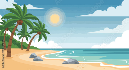 Tropical Beach Paradise with Palm Trees, Ocean Waves, and Sunny Sky