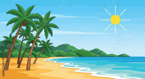 Tropical Beach Paradise with Palm Trees, Blue Ocean, and Sunny Sky