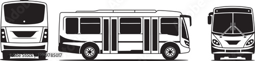 Set of bus vector illustrations in black and white, various views of passenger vehicle