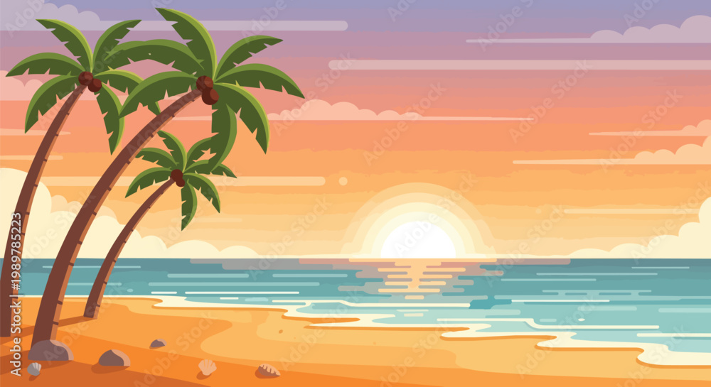 Fototapeta premium Pixel Art Tropical Beach Sunset with Palm Trees and Ocean