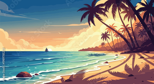 Tropical beach sunset with palm trees, ocean waves, and sailboat silhouette