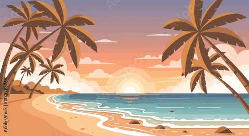 Tropical Beach Sunset with Palm Trees and Ocean Waves