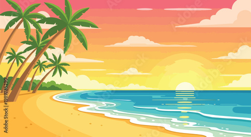 Tropical Beach Sunset: Palm Trees, Ocean Waves, and Golden Sky