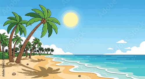Tropical beach with palm trees, ocean waves, and sunny sky