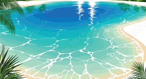 Tropical Beach Paradise: Crystal Clear Ocean Water and Sandy Shore with Palm Leaves