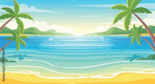 Tropical Beach Paradise: Palm Trees, Ocean, and Sunny Sky