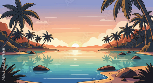 Pixel Art Tropical Beach Sunset with Palm Trees and Calm Ocean