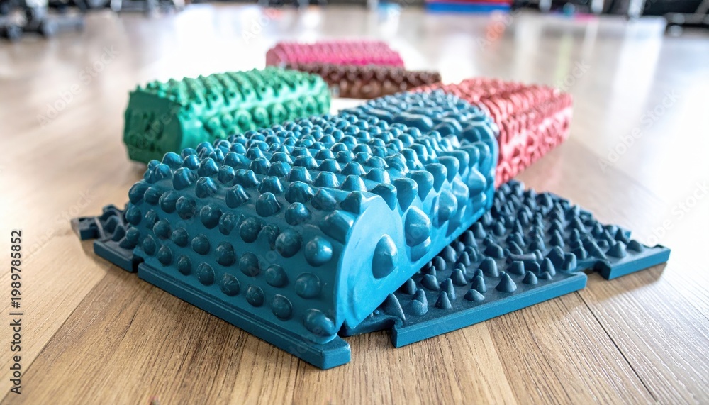 Fototapeta premium Colorful Foam Rollers for Fitness and Recovery in Gym Environment