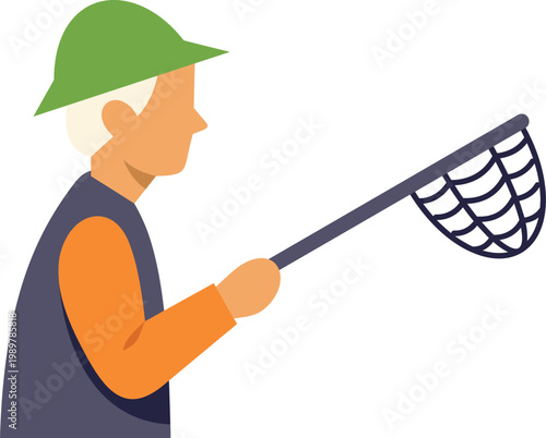 Elderly man in green hat and vest holding a fishing net prepared for outdoor fishing activity