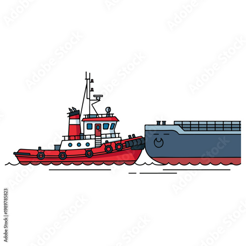 Red Tugboat Towing Bulk Cargo Ship Flat Vector Illustration