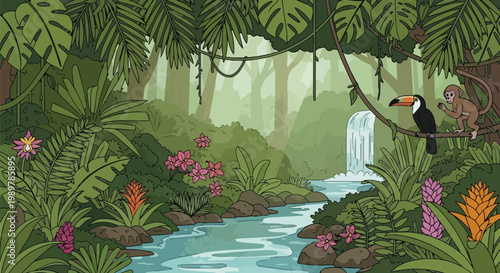 Vibrant Jungle Paradise with Toucan, Monkey, Waterfall, and Lush Tropical Flora