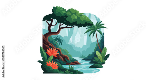 Lush Tropical Rainforest River Scene with Vibrant Orange Flowers and Palm Trees