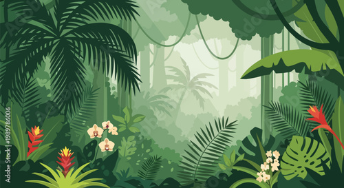 Lush Green Jungle Landscape with Tropical Plants and Flowers