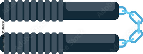 Traditional martial arts nunchaku with textured black handles linked by a metal chain