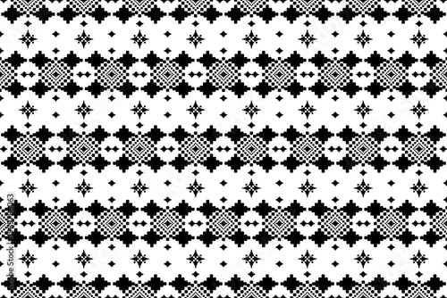 Seamless black and white geometric pattern with dot-based symmetrical motifs. Minimal yet stylish design perfect for fabric prints, wallpapers, packaging, and modern graphic design projects.
