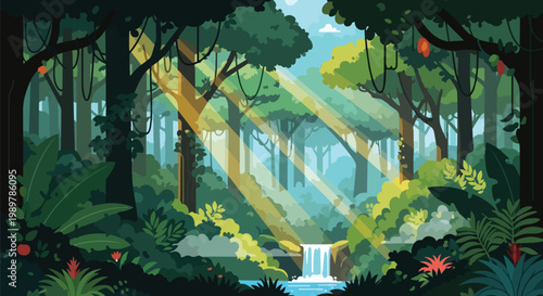 Sunlight Rays Through Lush Jungle Canopy with Waterfall and Tropical Plants
