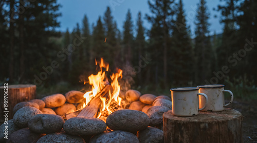 A warm campfire burns in a forest clearing at dusk with two metal cups on a tree stump