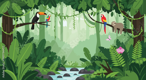 Vibrant Jungle Scene with Exotic Birds, Sloth, Butterfly, and Orchid