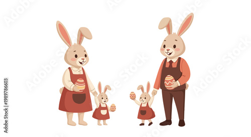 Illustration of a happy rabbit family with parents and two little bunnies in red clothes