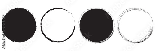 Grunge circles brush set. Black circle frames. Round line of black paint. Grunge round shapes. Circular ink brush stroke fro design elements. Vector illustration. Grunge circle. Hand drawn grunge