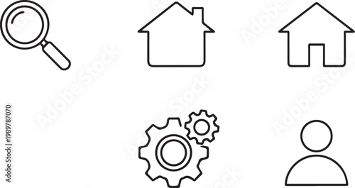 Magnifying glass, house outlines, and gear icons represent a collection of essential user interface symbols for digital navigation and web design projects.