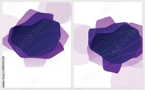 Abstract purple crystal vector set, dark violet amethyst stone illustrations with starry night sky texture, mystical cosmic mineral gems