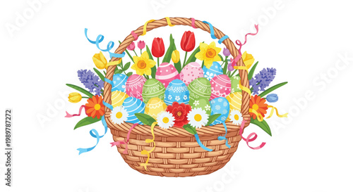 Colorful Easter basket overflowing with vibrant spring flowers and decorative eggs